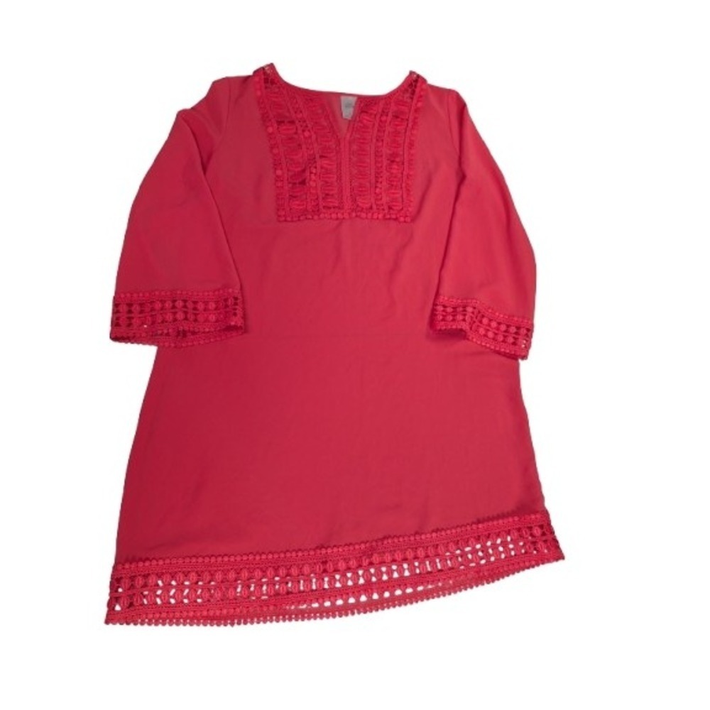 Knox Rose Coral Pink Crochet Trim Shift Dress Women's XS Boho Peasant Mini